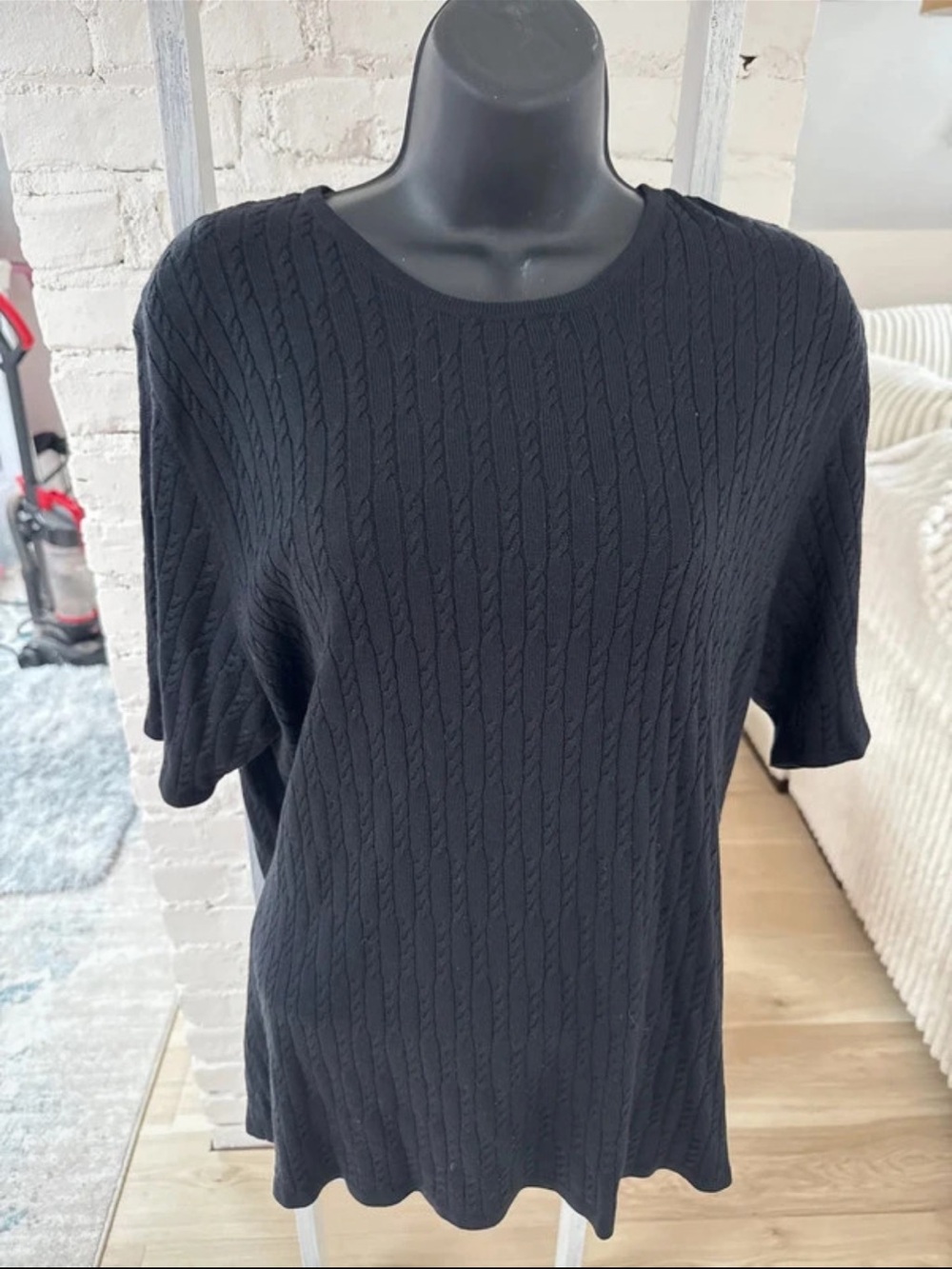 Women’s Black Cable Knit Short-Sleeve Silk and Cashmere Sweater Size 1X